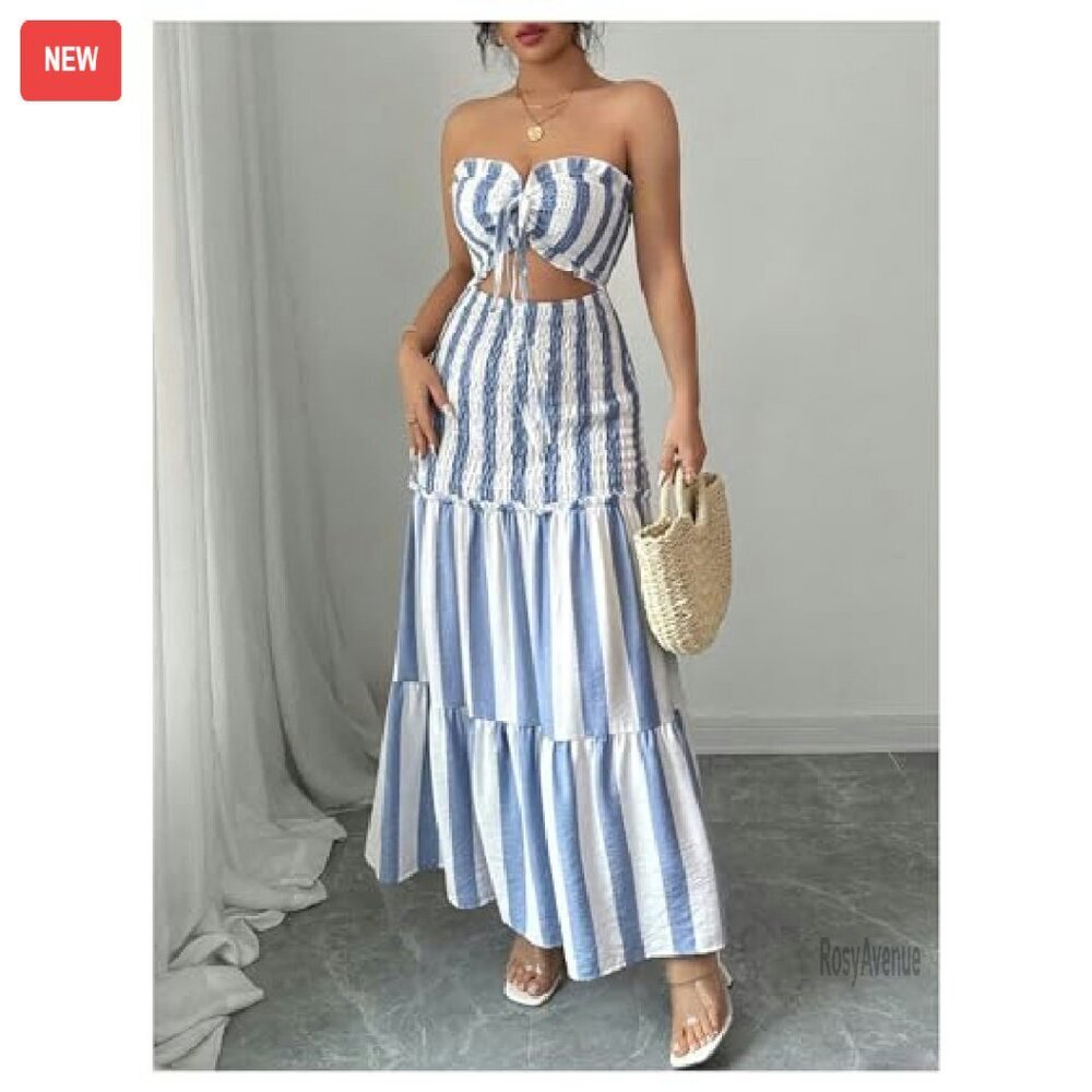 Strapless Maxi Tube Dress Ruffle Hem Cut Out Summer Vacation Long Dress - Picture 6 of 6